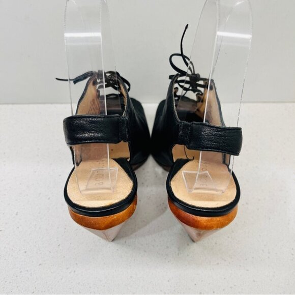 Boutique 9 Lace Up Heels Wood Block Wedge Black Leather Boho Peep Toe Sz 6.5  M - Picture 7 of 14